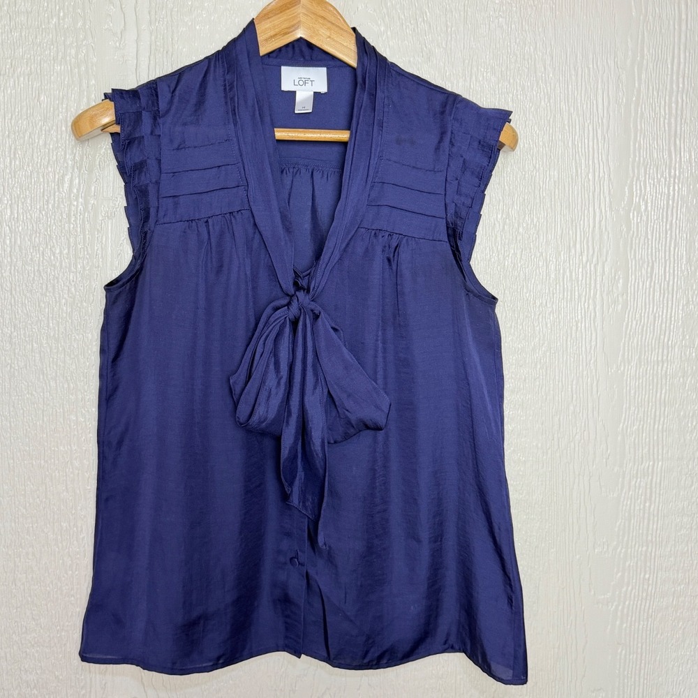 Ann Taylor LOFT Navy Blue Sleeveless Tie Neck Ruffle Blouse Medium